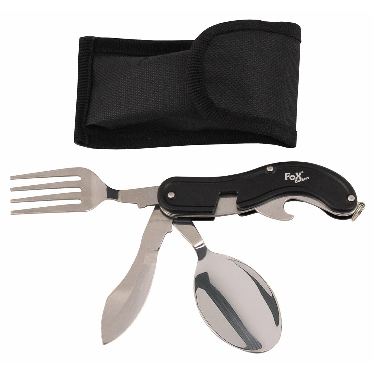FOX Outdoor besteck Reiseset 4 in 1 Löffel, Messer, Gabel und Flaschenöffner