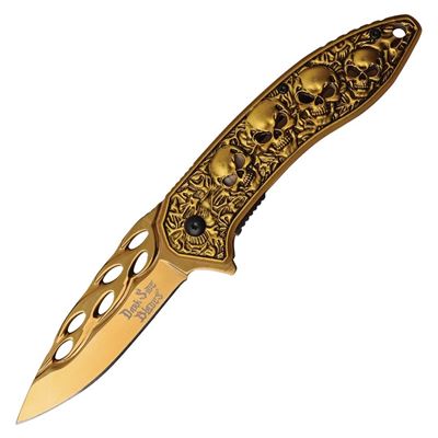 Klappmesser TOTENKOPF glatte Klinge GOLD