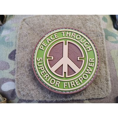 Patch PEACE THROUGH SUPERIOR FIREPOWER Kunststofft Velcro MULTICAM