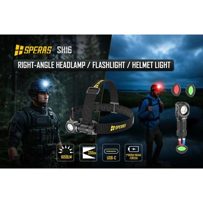 Stirntaschenlampe SH16 aufladbar, rechtwinklich, multifunktionsfähig, 1650 Lumen, 355 Meter SPERAS SH16-SP 13